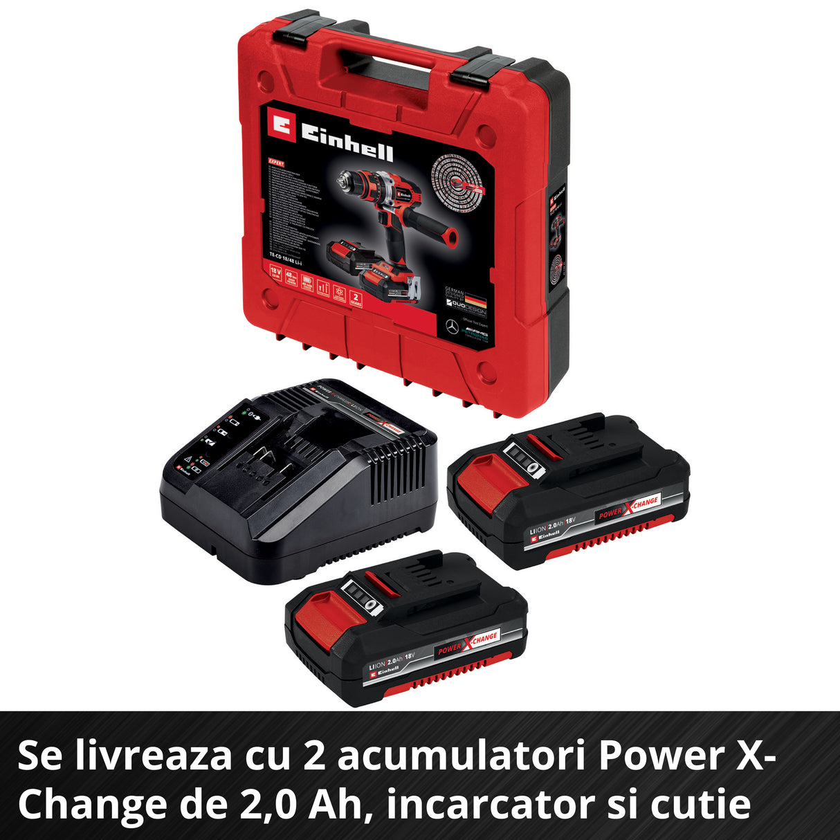 Masina de gaurit si insurubat (bormasina) cu impact pe acumulator Einhell TE-CD 18/48 Li-i Kit Power X-Change, Li-ion, 18 V, 48 Nm, capacitate de gaurire 10 mm in beton, geanta, incl. 2 baterii de 2,0 Ah si incarcator