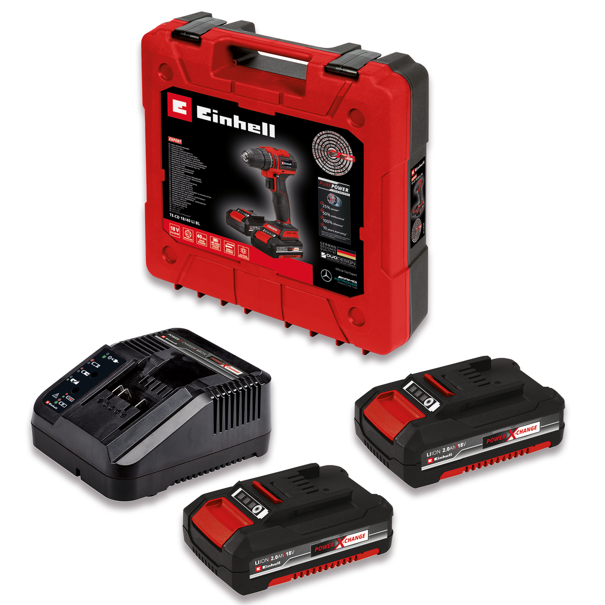 Masina de gaurit si insurubat (bormasina) pe acumulator Einhell TE-CD 18/40 Li BL (2x2.0 Ah Power X-Change, Li-ion, 18 V, 40 Nm, motor fara perii, cutie de viteze cu 2 trepte, control electronic al vitezei, incl. 2x baterii de 2.0 Ah si incarcator rapid