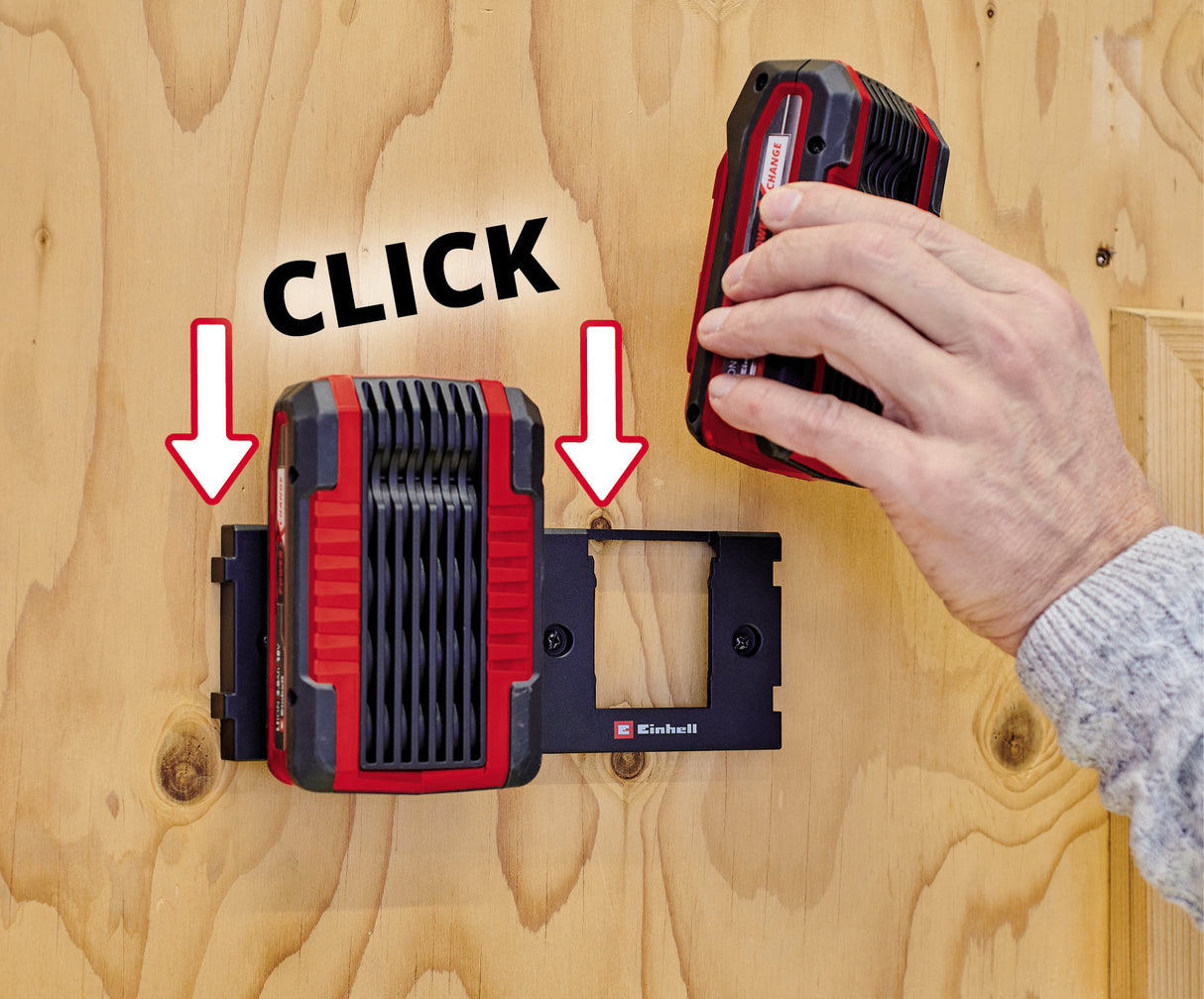 Suport de perete original pentru baterii Einhell Power X-Change (potrivit pentru depozitarea tuturor bateriilor Power X-Change, extensibil la infinit, instalare usoara, functie de prindere prin clic, include suruburi si dibluri
