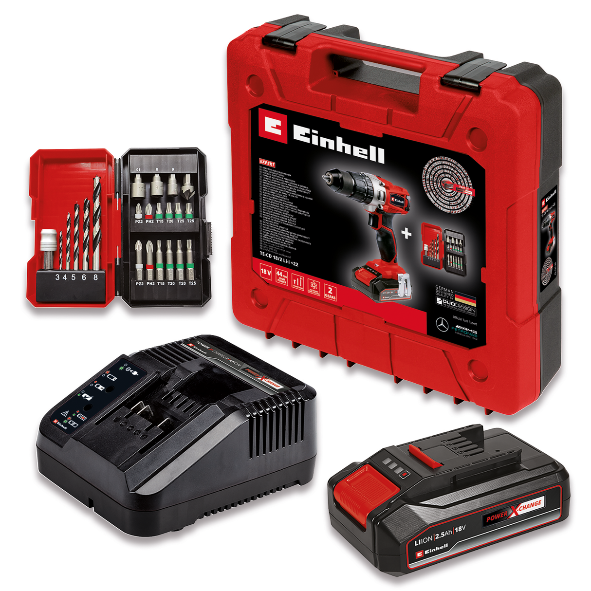 Masina de gaurit si insurubat (bormasina) cu impact pe acumulator Einhell TE-CD 18/2 Li-i +22, 1 x 2.5Ah Power X-Change Li-Ion, 18 V, 44 Nm, cutie de viteze cu 2 trepte, incl. acumulator de 2.5 Ah, incarcator rapid, cutie de biti cu 22 de piese si geanta