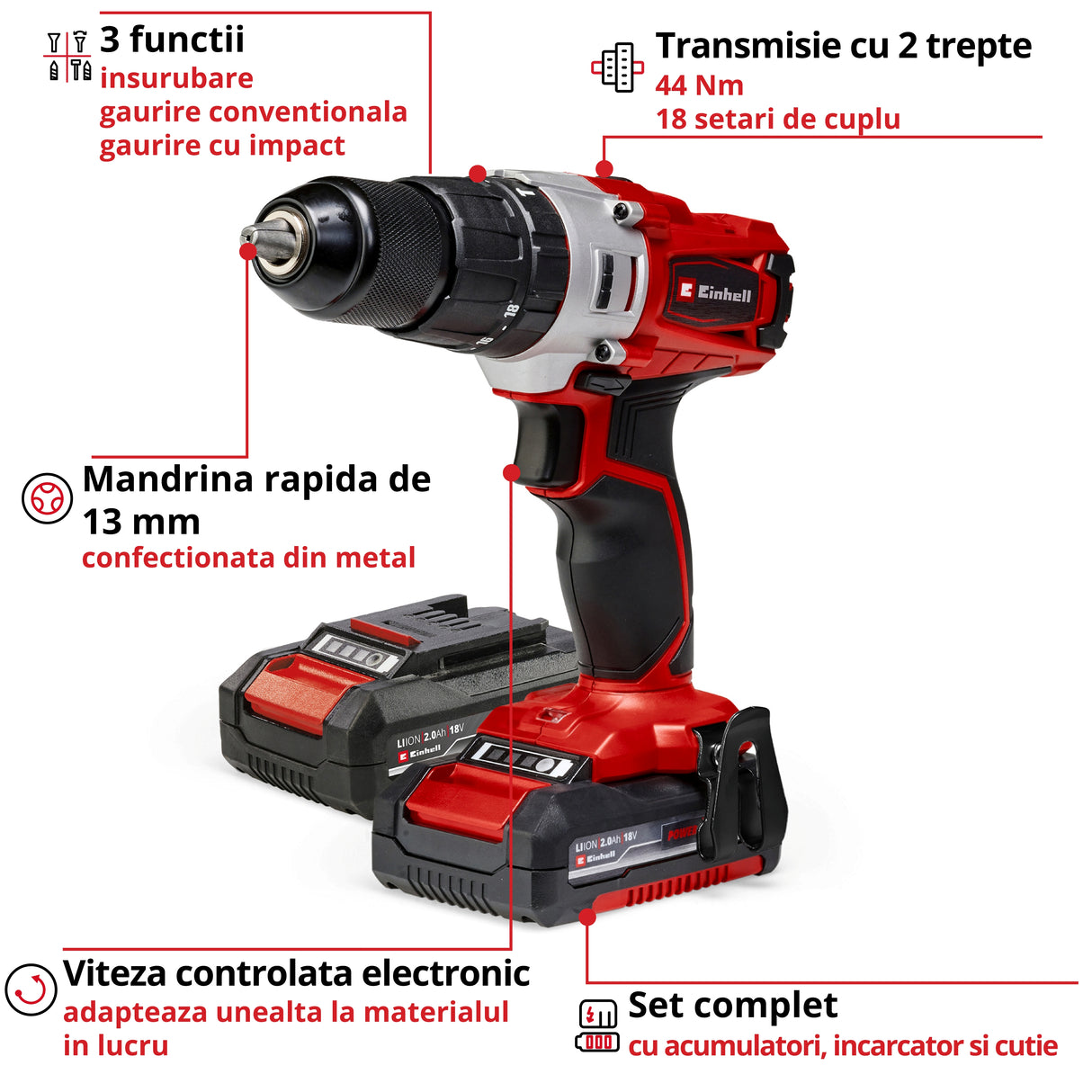 Einhell akkus ütvefúró-csavarozó TE-CD 18/2 Li-i +64, 2x2.0 Ah Power X-Change, Li-ion, 18 V, 44 Nm, 2 sebességes hajtómű, 2.0 Ah akkumulátorral, gyorstöltővel és 64 darabos tartozékkészlettel