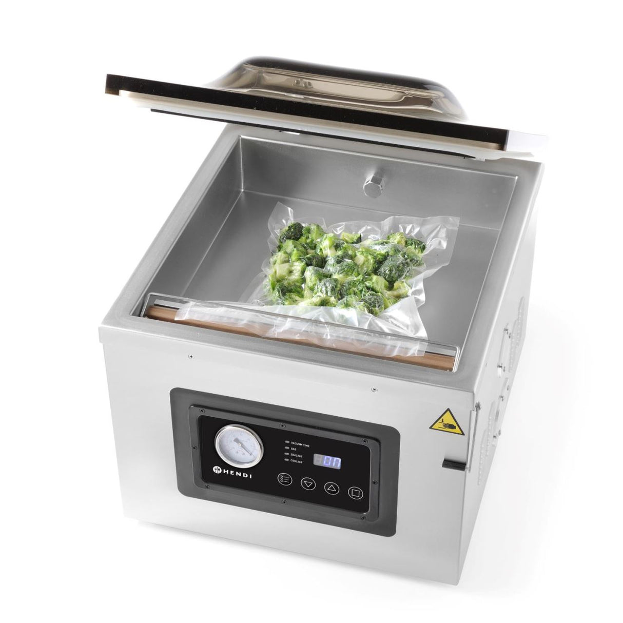 Aparat profesional de vidat cu camera 1000 W, banda sigilare 410 mm, latime 3 mm, timp si ciclu de sigilare ajustabile, Inox, display digital, Hendi Profi Line, 505x567x(h)465 mm