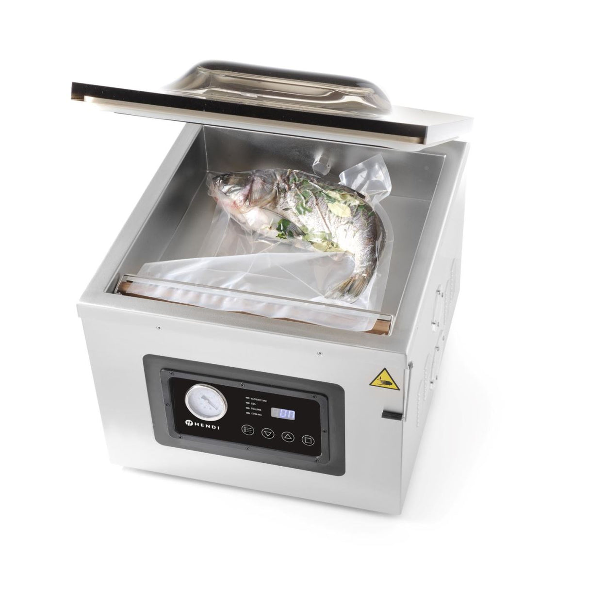 Aparat profesional de vidat cu camera 1000 W, banda sigilare 410 mm, latime 3 mm, timp si ciclu de sigilare ajustabile, Inox, display digital, Hendi Profi Line, 505x567x(h)465 mm
