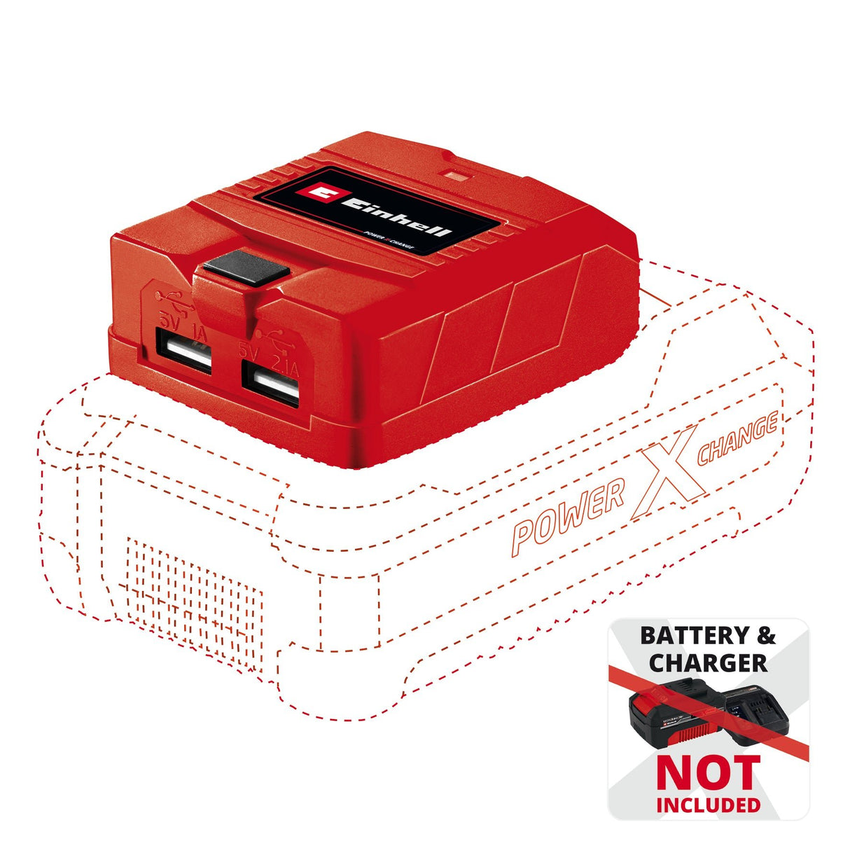 Adaptor USB Einhell TC - CP 18 Li USB Solo Power X - Change, pentru baterii Einhell de 18 V, incarcare mobila a consumatorilor de energie, 2 porturi USB, furnizat fara acumulator Einhell - scule electrice si unelte profesionale - BricoMart