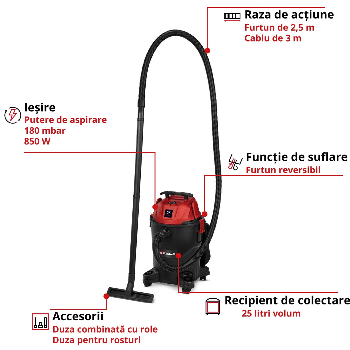Aspirator umed - uscat Einhell TC - VC 2555 - cablu 3 m, maner transport, 850 W, 25 l BricoMart - scule electrice si unelte profesionale - BricoMart