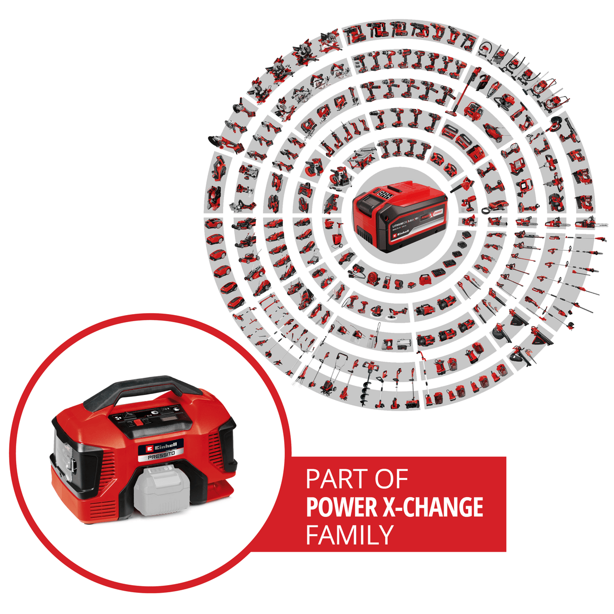 Compresor cu acumulator Einhell PRESSITO 18/21 Power X - Change, Li - ion, 18 V, pompa de inalta si joasa presiune, afisaj digital al presiunii, functie de oprire automata, fara acumulator si incarcator Einhell - scule electrice si unelte profesionale - BricoMart