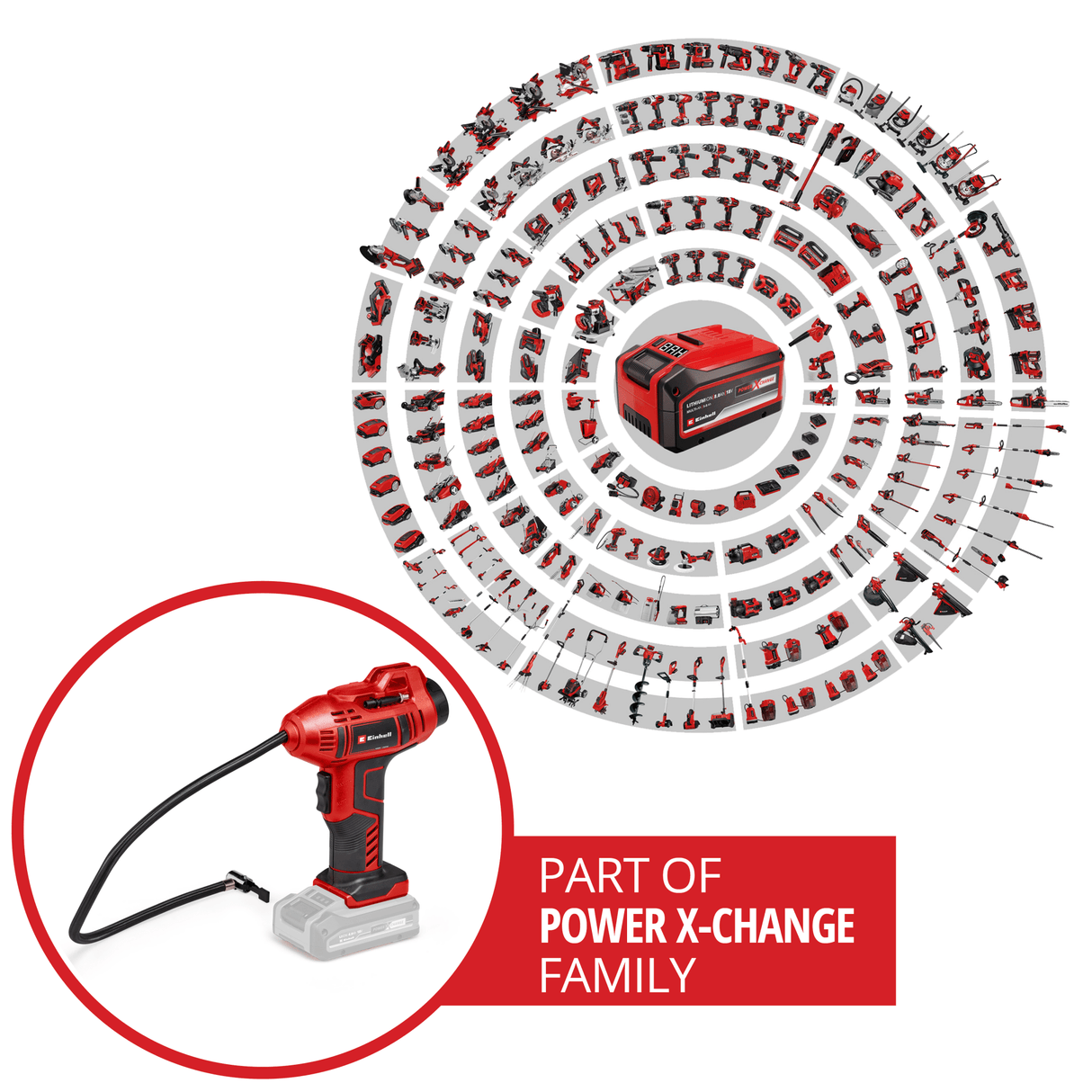 Compresor de aer auto pe acumulator Einhell CE - CC 18 Li - Solo Power X - Change, Li - ion, 18 V, max. 11 bar, furtun de aer comprimat de 60 cm, functie de oprire automata, livrare fara acumulator sau incarcator Einhell - scule electrice si unelte profesionale - BricoMart