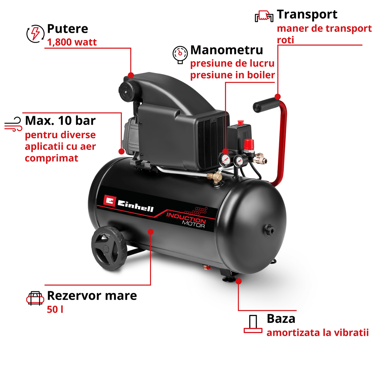 Compresor Einhell TC - AC 270/50/10 - 1800 W, 50 l, 75 dB (A) BricoMart - scule electrice si unelte profesionale - BricoMart