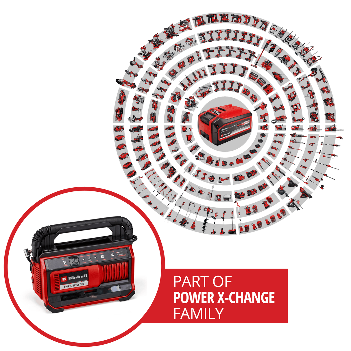 Compresor pe acumulator Einhell PRESSITO 18/25 Power X - Change (18 V, max. 11 bar, incl. set de 3 adaptoare, incl. furtun de inalta presiune de 71 cm si furtun de joasa presiune de 1,6 m, fara acumulator Einhell - scule electrice si unelte profesionale - BricoMart