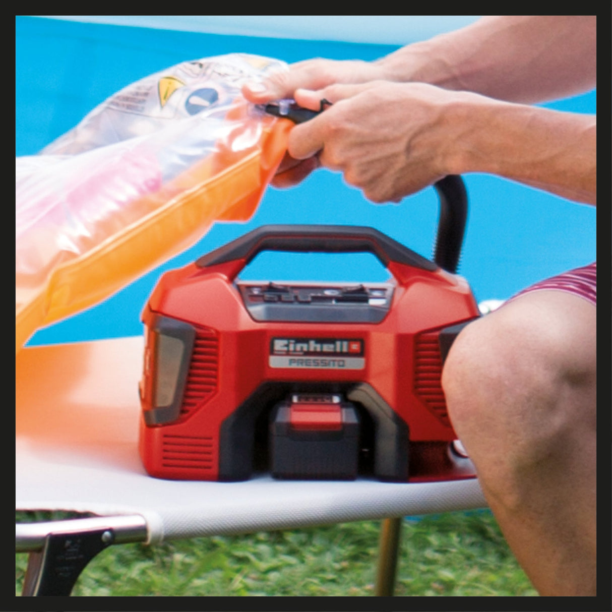 Compresor pe acumulator Einhell PRESSITO Power X - Change, 18 V, max. 11 bar, lungime furtun 31 cm, inclusiv set adaptor 3 piese, fara acumulator Einhell - scule electrice si unelte profesionale - BricoMart