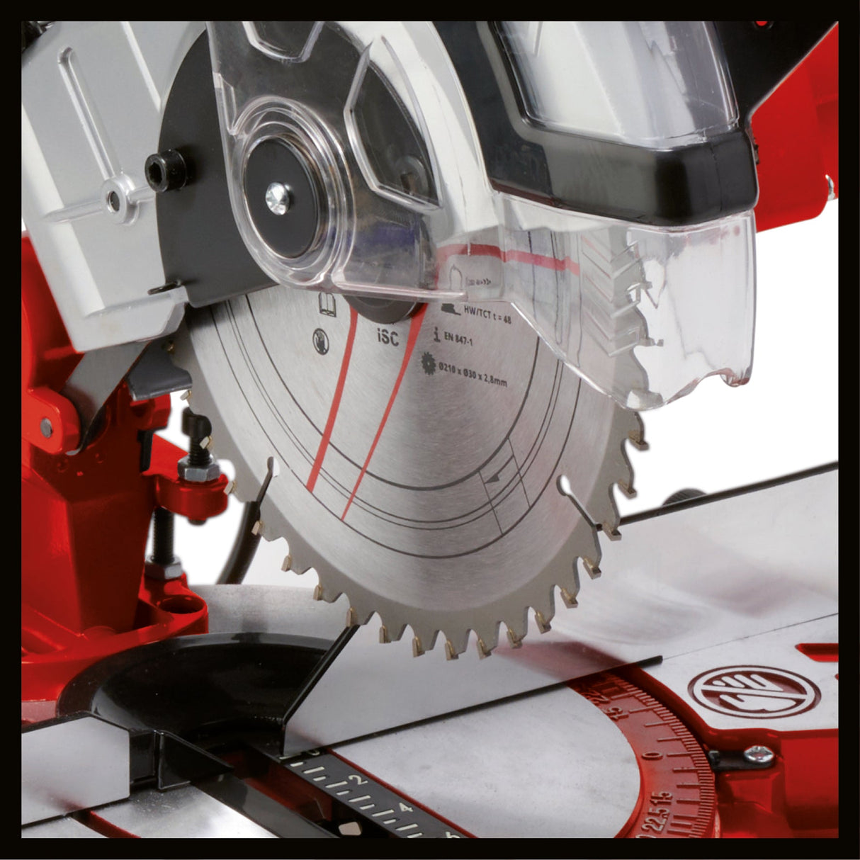 Fierastrau circular cu taiere transversala si unghiulara Einhell TC - MS 2112, max. 1.600 W, 5.000 rpm, lama de Fierastrau cu varf de carbura de inalta calitate, placa rotativa cu reglare a unghiului de 45° stanga/dreapta Einhell - scule electrice si unelte profesionale - BricoMart