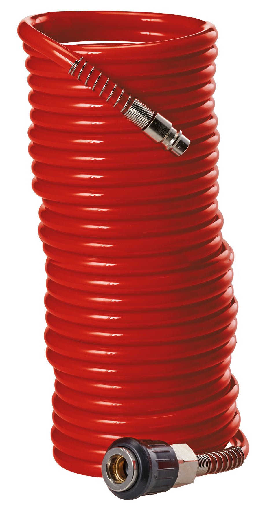 Furtun spiralat original Einhell 8 m (accesoriu pentru compresor, lungime 8 m, diametru interior 6 mm, fabricat din material PU, presiune de lucru max. 10 bar, incl. cuplaj rapid si niplu dop) Einhell - scule electrice si unelte profesionale - BricoMart