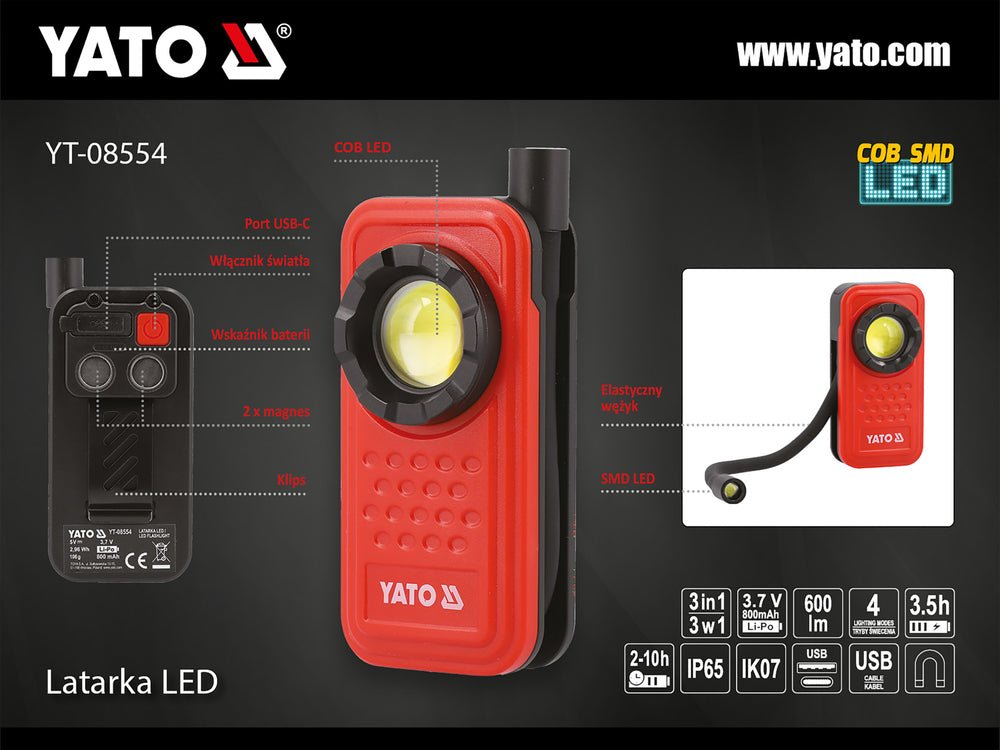 LAMPA DE LUCRU 600LM 3 IN 1 Yato YT - 08554 - 8 W, 600 lm, 300 lm, 150 lm Yato - scule electrice si unelte profesionale - BricoMart