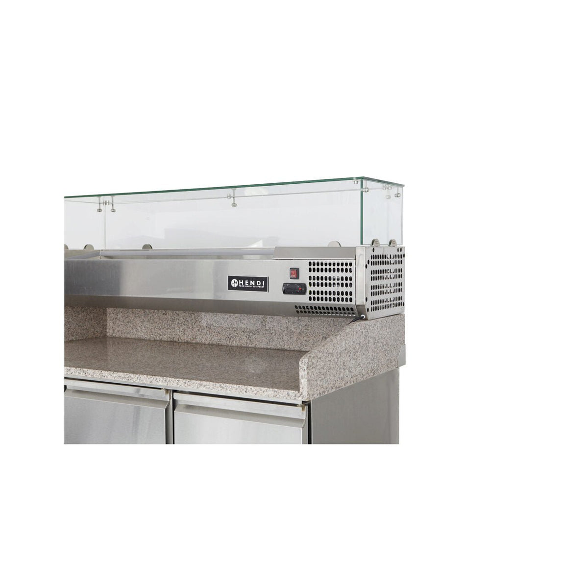 Masa frigorifica cu 3 usi, pentru pizza, cu vitrina ingrediente cu 6 tavi GN 1/4, 270+170 W, ARKTIC by Hendi, 140x70x(H)144.5 cm