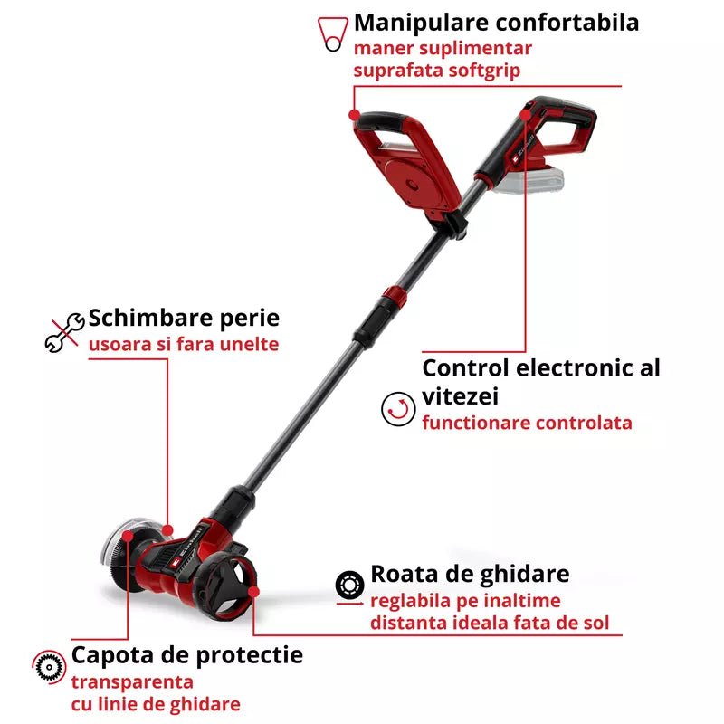 Masina de curatat rosturi pe acumulator Einhell GE-CC 18/110 Li E-Solo Power X-Change,18 V, bara telescopica, maner suplimentar, roata de ghidare reglabila, inclusiv 2 perii, fara baterie - imagine 4