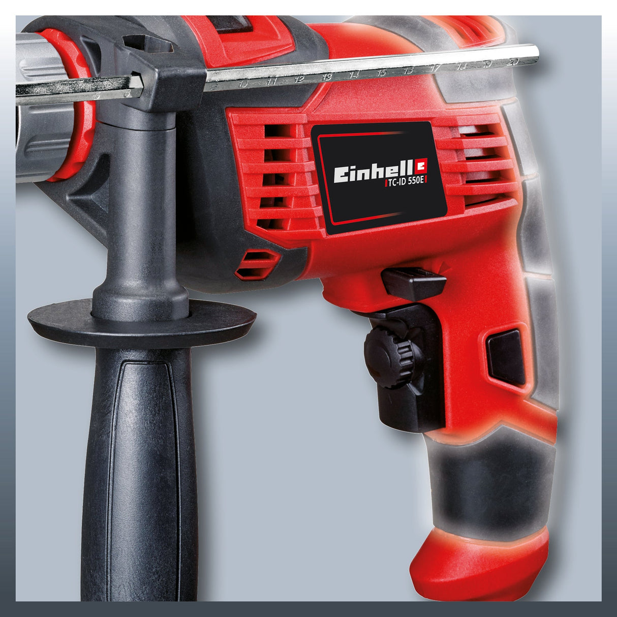 Masina de gaurit si insurubat (bormasina) cu impact Einhell TC - ID 550 E, 550 W, control electronic al vitezei, preselectare a vitezei, rotatie in ambele sensuri, opritor de adancime metalic, maner suplimentar Einhell - scule electrice si unelte profesionale - BricoMart
