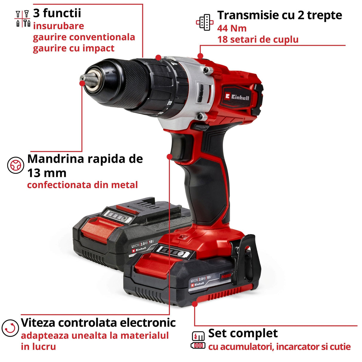 Masina de gaurit si insurubat (bormasina) cu impact pe acumulator Einhell TE - CD 18/2 Li - i +64, 2x2.0 Ah Power X - Change, Li - ion, 18 V, 44 Nm, cutie de viteze cu 2 trepte, incl. acumulator de 2.0 Ah, incarcator rapid si set de accesorii cu 64 de piese Einhell - scule electrice si unelte profesionale - BricoMart