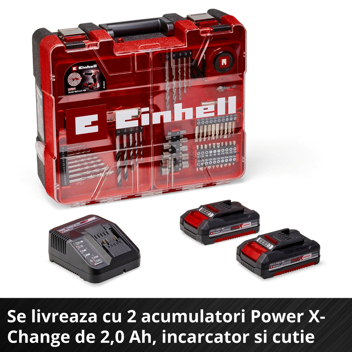 Masina de gaurit si insurubat (bormasina) cu impact pe acumulator Einhell TE - CD 18/2 Li - i +64, 2x2.0 Ah Power X - Change, Li - ion, 18 V, 44 Nm, cutie de viteze cu 2 trepte, incl. acumulator de 2.0 Ah, incarcator rapid si set de accesorii cu 64 de piese Einhell - scule electrice si unelte profesionale - BricoMart