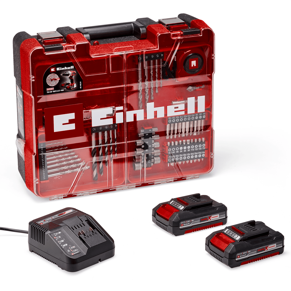 Masina de gaurit si insurubat (bormasina) cu impact pe acumulator Einhell TE - CD 18/2 Li - i +64, 2x2.0 Ah Power X - Change, Li - ion, 18 V, 44 Nm, cutie de viteze cu 2 trepte, incl. acumulator de 2.0 Ah, incarcator rapid si set de accesorii cu 64 de piese Einhell - scule electrice si unelte profesionale - BricoMart