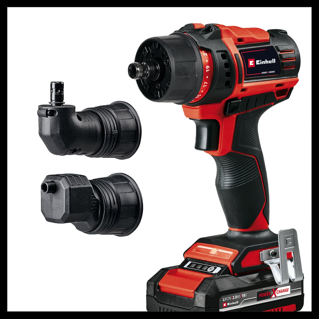 Masina de gaurit si insurubat (bormasina) pe acumulator Einhell TE - CD 18/45 3X - Li +22 1x2.0 Ah PXC, mandrina de gaurit detasabila, accesoriu unghiular, accesoriu excentric, set de biti cu 22 de piese, acumulator de 2.0 Ah, incarcator + cutie electronica Einhell - scule electrice si unelte profesionale - BricoMart