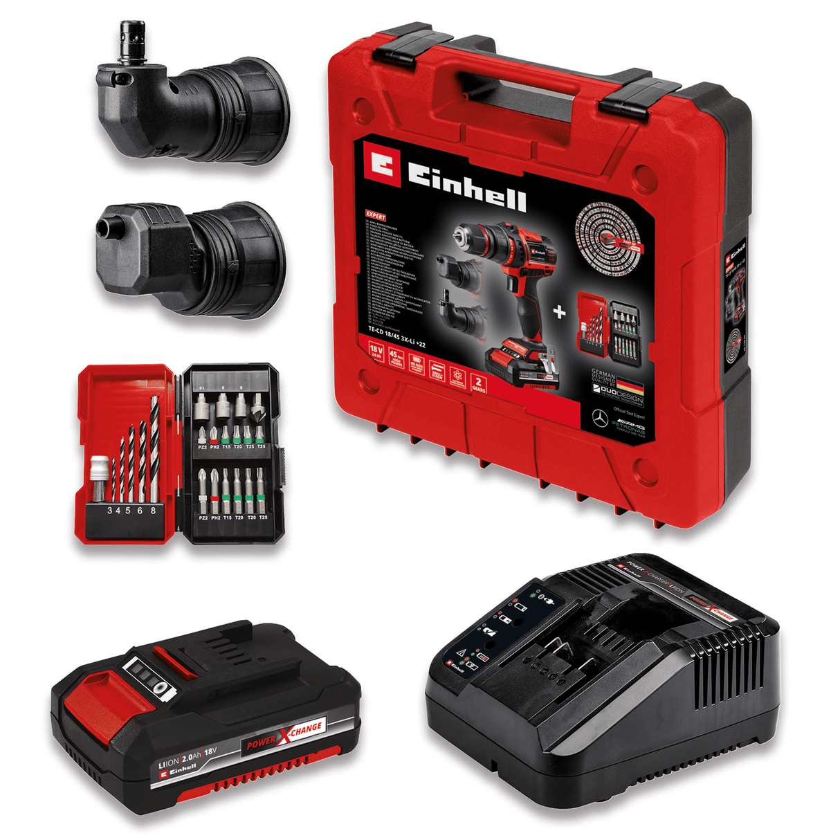 Masina de gaurit si insurubat (bormasina) pe acumulator Einhell TE - CD 18/45 3X - Li +22 1x2.0 Ah PXC, mandrina de gaurit detasabila, accesoriu unghiular, accesoriu excentric, set de biti cu 22 de piese, acumulator de 2.0 Ah, incarcator + cutie electronica Einhell - scule electrice si unelte profesionale - BricoMart