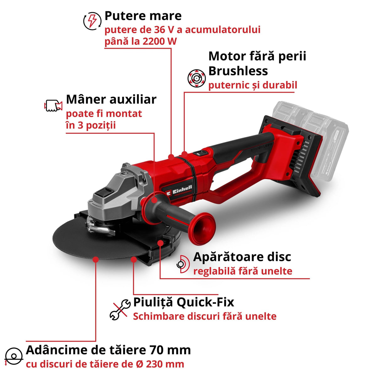 Polizor unghiular pe acumulator Einhell Professional AXXIO 36/230 Q Power X - Change, 36 V, 2200 W, adancime maxima de taiere 70 mm, 6.600 rpm, motor fara perii, livrat fara acumulator, incarcator si disc de taiere Einhell - scule electrice si unelte profesionale - BricoMart