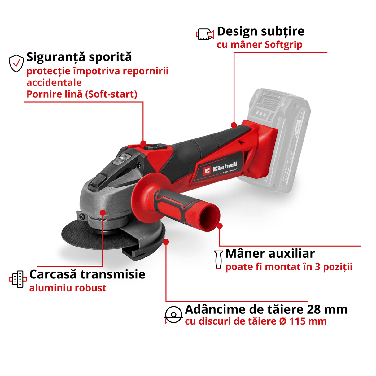 Polizor unghiular pe acumulator Einhell TC - AG 18/115 Li - Solo Power X - Change , 18 V, diametru disc 115 mm, adancime de taiere 28 mm, pornire lina, fara disc de taiere, fara acumulator Einhell - scule electrice si unelte profesionale - BricoMart