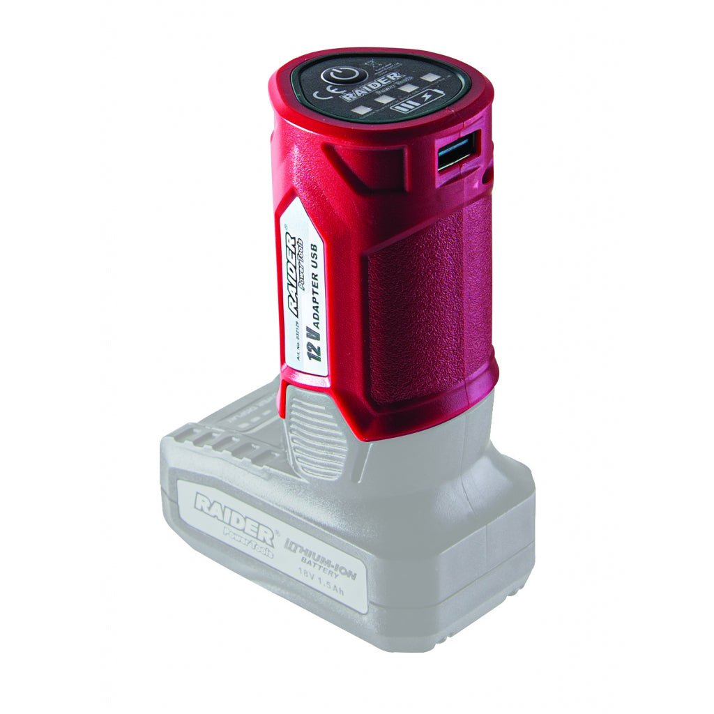 RAIDER Adaptor USB pentru RD 12V - 18V Afisarea starii de incarcare Portul USB furnizeaza 5V / 2.1 A pentru incarcarea telefoanelor, tabletelor, MP3 playere Raider - scule electrice si unelte profesionale - BricoMart