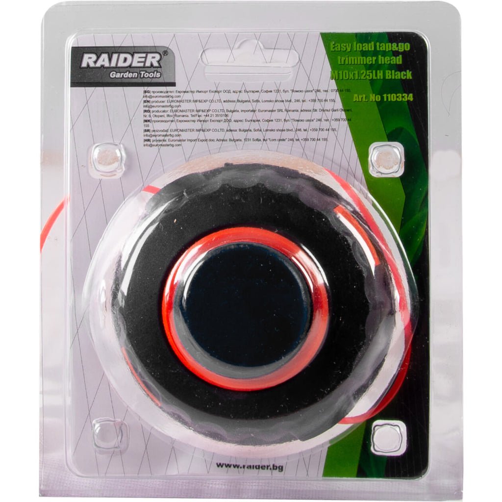 RAIDER Cap de motocoasa cu incarcare usoara M10x1.25LH negru PA RD Fabricat din poliamidă Diametrul cablului: 2,4 mm Rezistență la uzură și sarcini termice mari Lăstarii mai groși și buru Raider - scule electrice si unelte profesionale - BricoMart