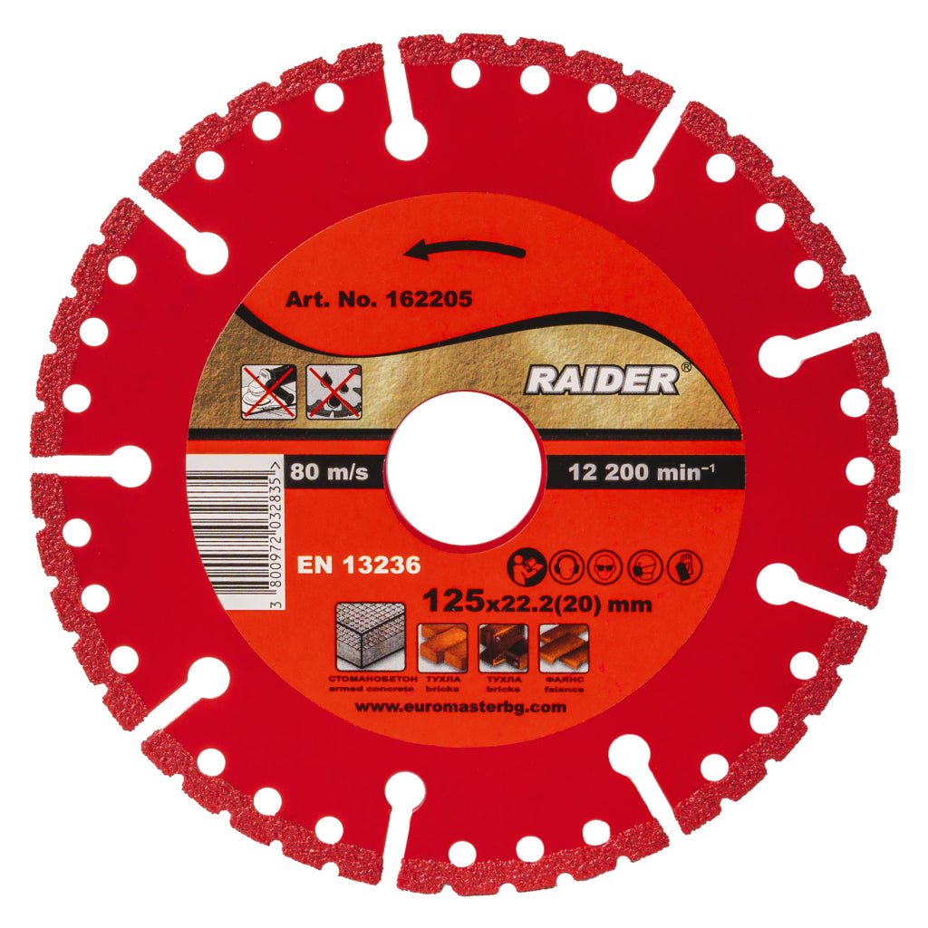 RAIDER Disc de taiere diamantat universal 125x22.2mm RD - DD26 Segmentele discului sunt căptușite cu particule de diamant , care oferă durabilitate și eficiență de tăiere excepționale Raider - scule electrice si unelte profesionale - BricoMart