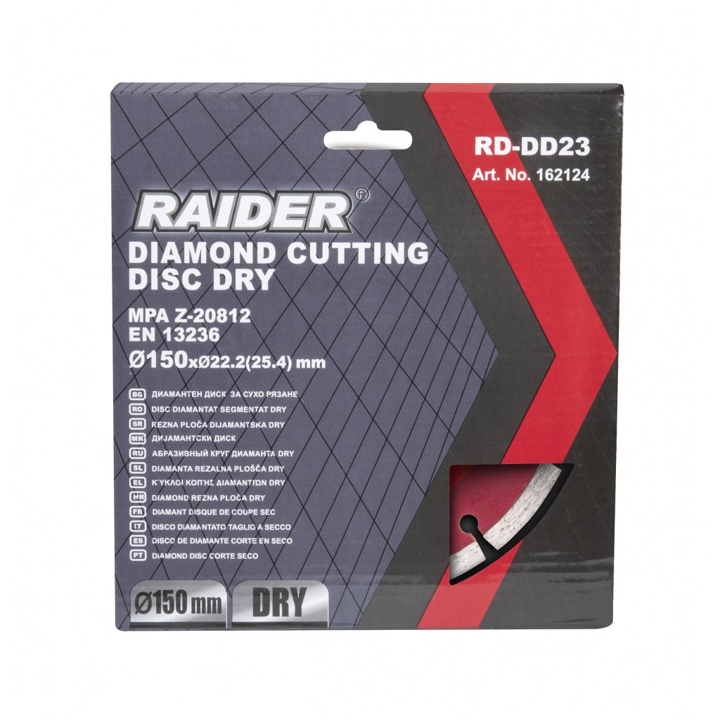 RAIDER Disc diamantat segmentat DRY 150x22.2mm RD - DD23 Conceput pentru tăierea uscată în beton, cărămizi, faianță Viteza periferică maximă: 80 m / s; RPM maxim tolerat: 10200 Raider - scule electrice si unelte profesionale - BricoMart