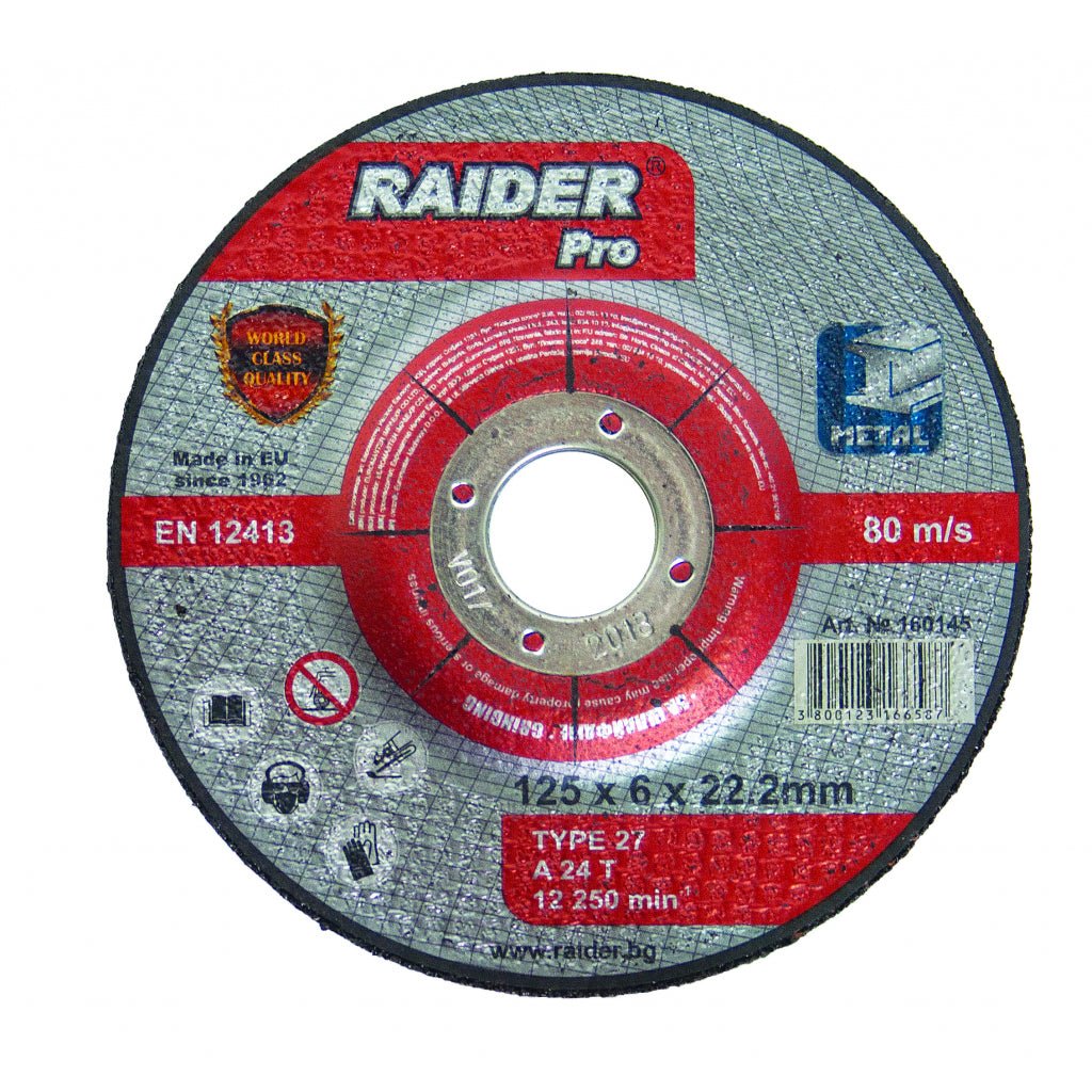 RAIDER Disc pentru slefuit metal 115х6.0х22.2mm RDP Disc pentru polizat metal Potrivit pentru taierea pietrei Viteza periferica maxima: 80 m / s Raider - scule electrice si unelte profesionale - BricoMart