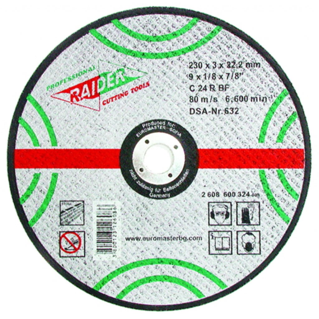 RAIDER Disc taieri piatra 230х3.2х22.2mm Disc pentru taiet materiale nemetalice Potrivit pentru taierea pietrei Viteza periferica maxima: 80 m / s Raider - scule electrice si unelte profesionale - BricoMart