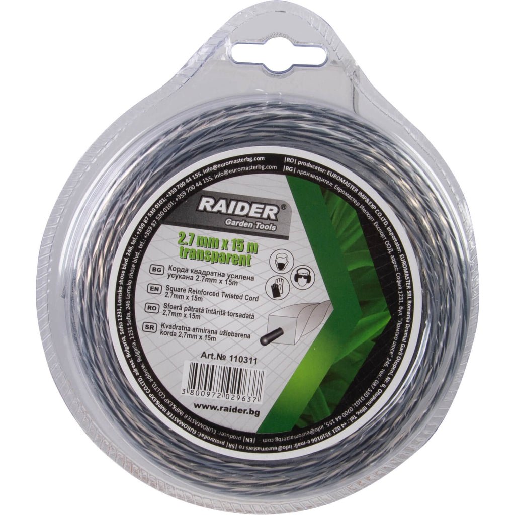 RAIDER Fir patrat rasucit pentru motocoase 2.7mm х 15m transparent Firul răsucit întărit pătrat oferă atât eficiență prin reducerea nivelurilor de zgomot, cât și a vibrațiilor mașinii, as Raider - scule electrice si unelte profesionale - BricoMart