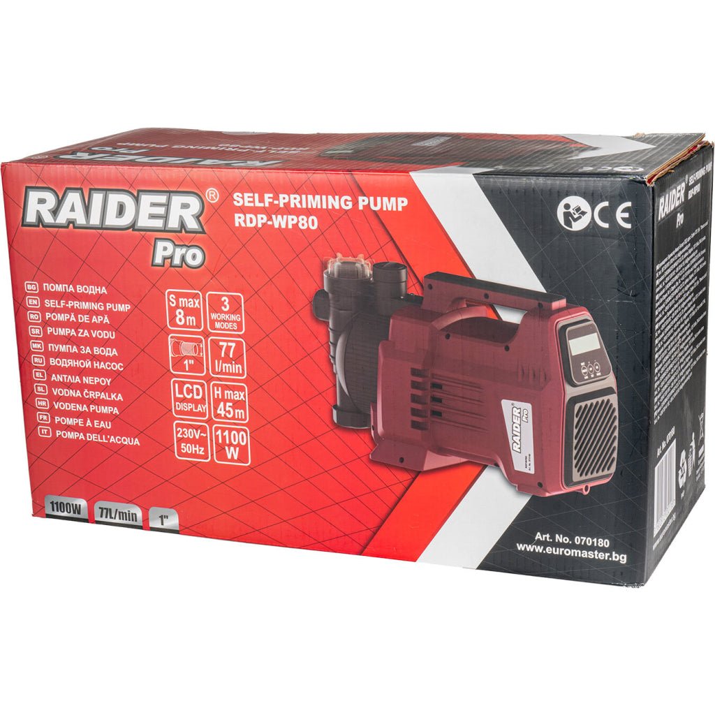 RAIDER Pompa autoamorsare 1100W 1" 45m filtru apa display RDP - WP80 O pompă cu autoamorsare în care procesul de intrare și trecere a apei prin ejector creează un vid în partea de aspirație Raider - scule electrice si unelte profesionale - BricoMart
