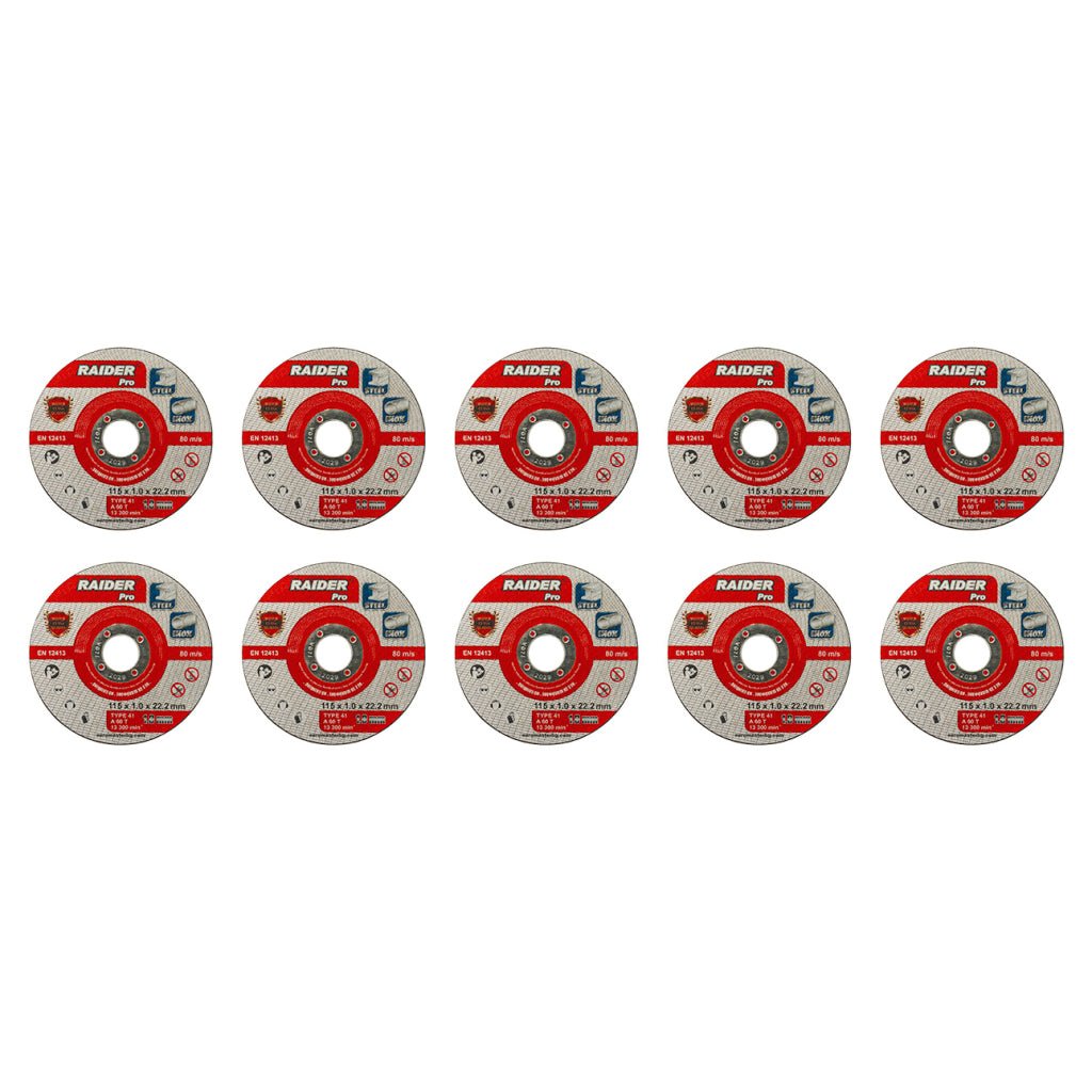 RAIDER Set 10 discuri pentru taiat metal 115х1.0 A60T INOX Tăiere precisă: Disc subțire, care reduce rezistența și asigură o tăiere curată și precisă pe suprafețele metalice Mater Raider - scule electrice si unelte profesionale - BricoMart