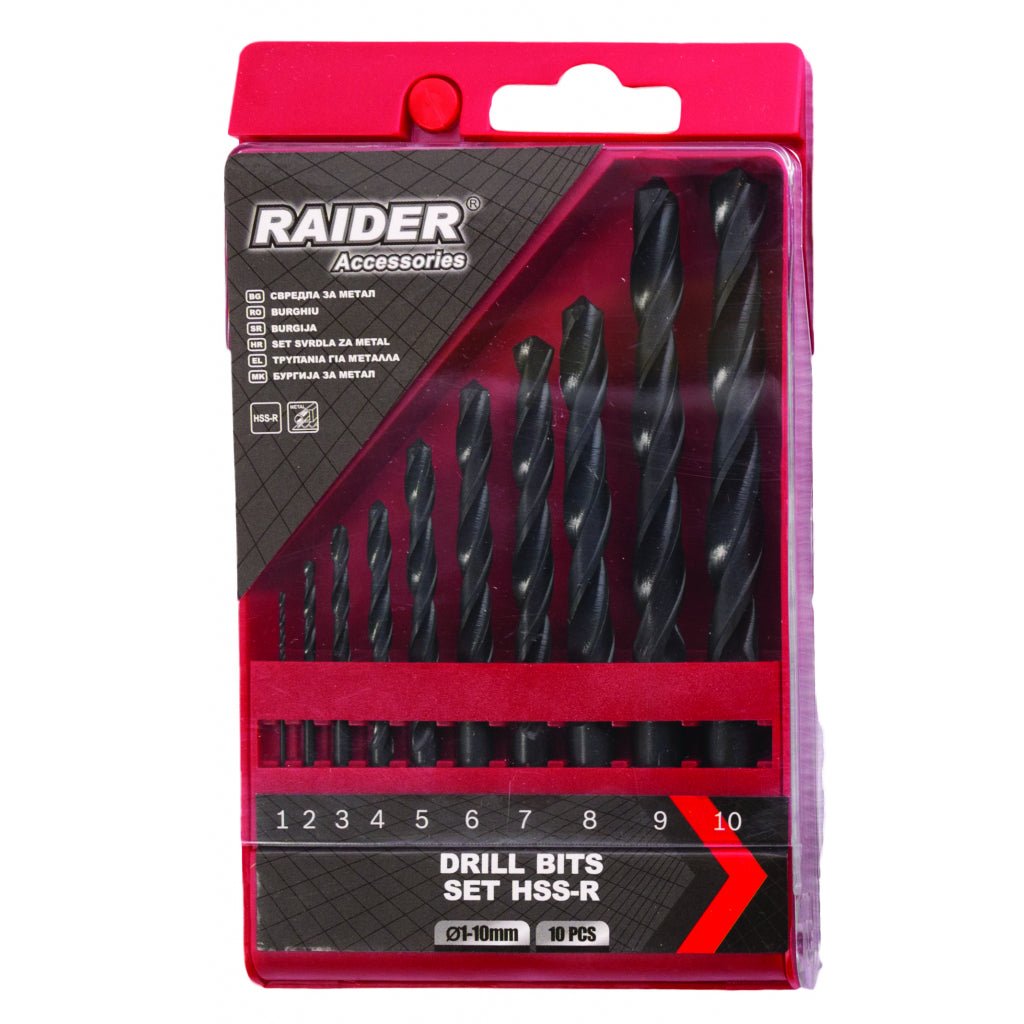 RAIDER Set burghie 10pcs. Ø1, 2, 3, 4, 5, 6, 7, 8, 9, 10mm HSS - R Fabricat din otel rapid Raider - scule electrice si unelte profesionale - BricoMart