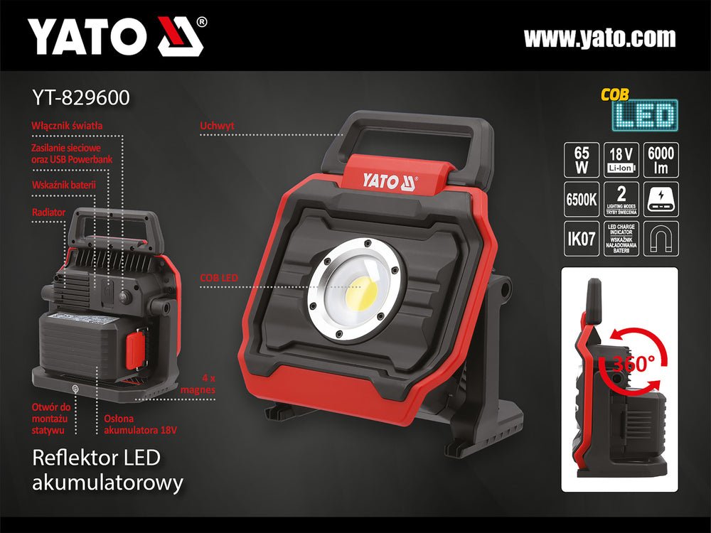 REFLECTOR 18V, 6000LM IPX4 Yato YT - 829600 - 18 V, 6000 lm, 3200 lm, 1800 lm Yato - scule electrice si unelte profesionale - BricoMart