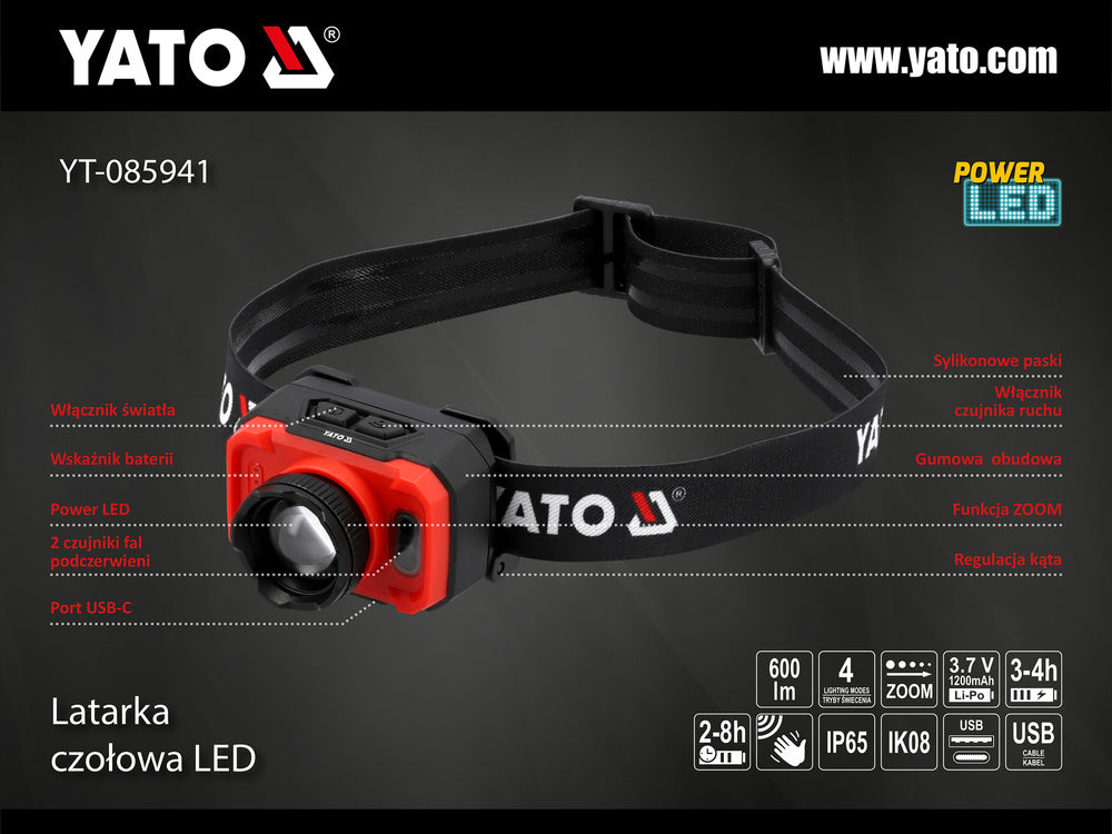 LAMPA FRONTALA CU YATO YT-085941 ACUMULATOR 600LM, SENZOR DE MISCARE