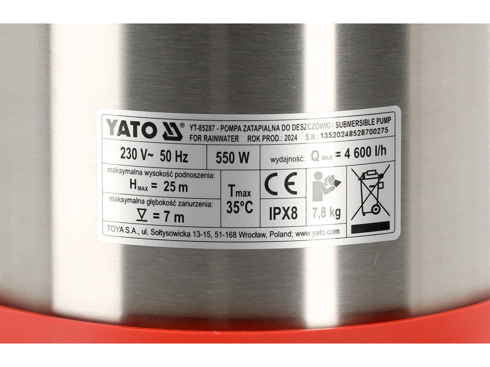 POPMA SUBMERSIBILA PENTRU YATO YT-85287 APA DE PLOIE, INOX 550Z, AUTOMATA