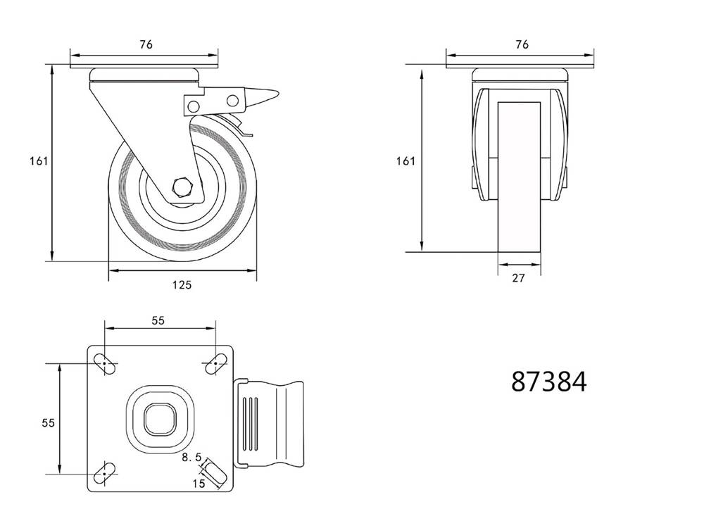 VOREL FORGÓKERÉK 87384 125MM SZÜRKE GUMIVAL ÉS FÉKKEL