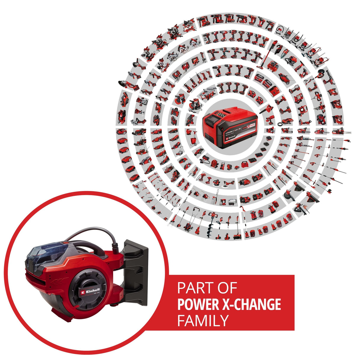 Tambur de furtun pe acumulator Einhell GE - HR 18/30 WH Li - Solo (18 V, infasurare automata a furtunului, rotire la 180°, suport de perete, furtun de conectare de 1,5 m, fara acumulator si furtun Einhell - scule electrice si unelte profesionale - BricoMart