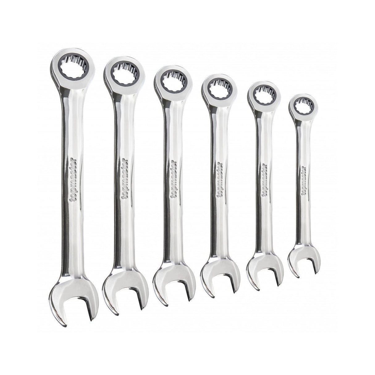 TOP MASTER PRO Cheie combinata cu clichet 8 - 17mm 6pcs CR - V TMP Otel crom - vanadiu Acoperire anticoroziune crom - nichel Complet lustruit Mecanism clichet precis 72 de dinti Top Master Pro - scule electrice si unelte profesionale - BricoMart