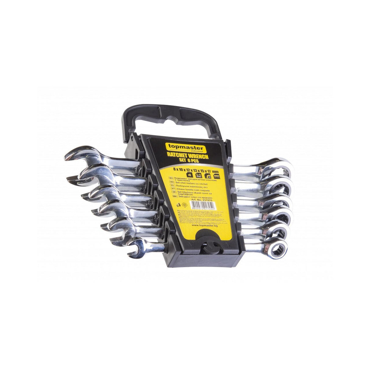 TOP MASTER PRO Cheie combinata cu clichet 8 - 17mm 6pcs CR - V TMP Otel crom - vanadiu Acoperire anticoroziune crom - nichel Complet lustruit Mecanism clichet precis 72 de dinti Top Master Pro - scule electrice si unelte profesionale - BricoMart