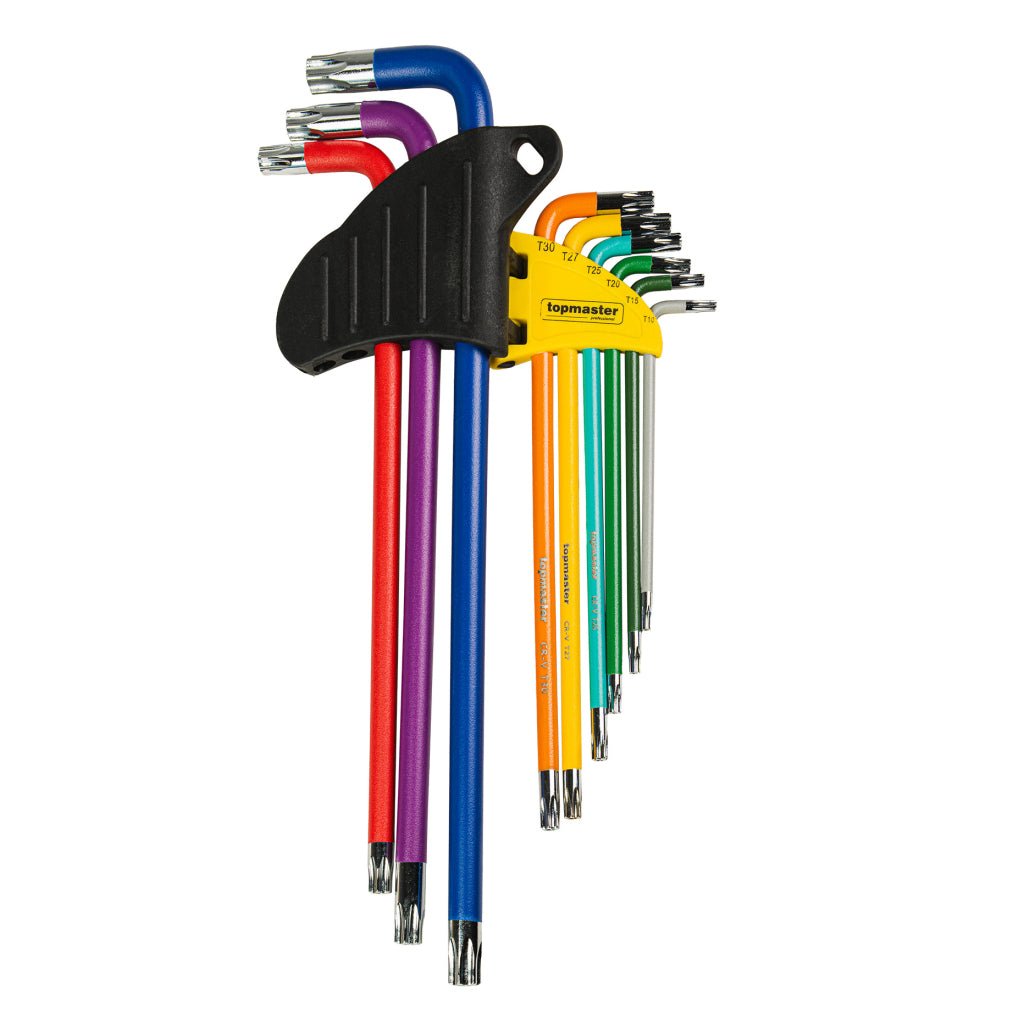TOP MASTER PRO Set 9 chei TORX T10 - T50 extra lungi COLOR TMP Fabricat din Otel Cr - V Ofera precizie si o potrivire perfecta cu capul surubului Top Master Pro - scule electrice si unelte profesionale - BricoMart