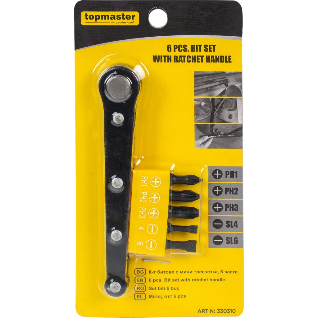 TOP MASTER PRO Set biti 6 buc Design compact, usor de utilizat chiar și în locuri greu accesibile Accesoriu cu clichet pătrat 1/4" Mecanism cu clichet Top Master Pro - scule electrice si unelte profesionale - BricoMart