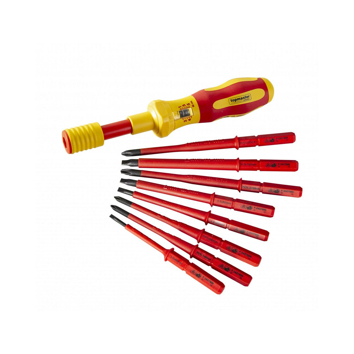 TOP MASTER PRO Set surubelnita dinamometrica 1000V 9 piese TMP Maner dinamometric izolat Mecanism de blocare Precizie la strangere +/ - 6%, acopera standard ISO intre 1Nm si 5Nm Top Master Pro - scule electrice si unelte profesionale - BricoMart