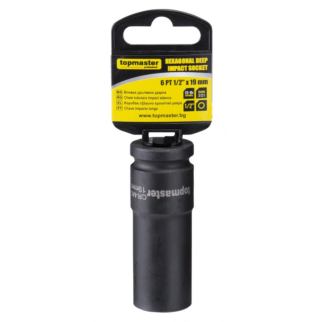 TOP MASTER PRO Tubulara adanca de impact 1/2" x 10 mm TMP Material: otel calit crom - molibden de inalta calitate Potrivit pentru chei de impact pneumatice Standard - DIN3121 Top Master Pro - scule electrice si unelte profesionale - BricoMart