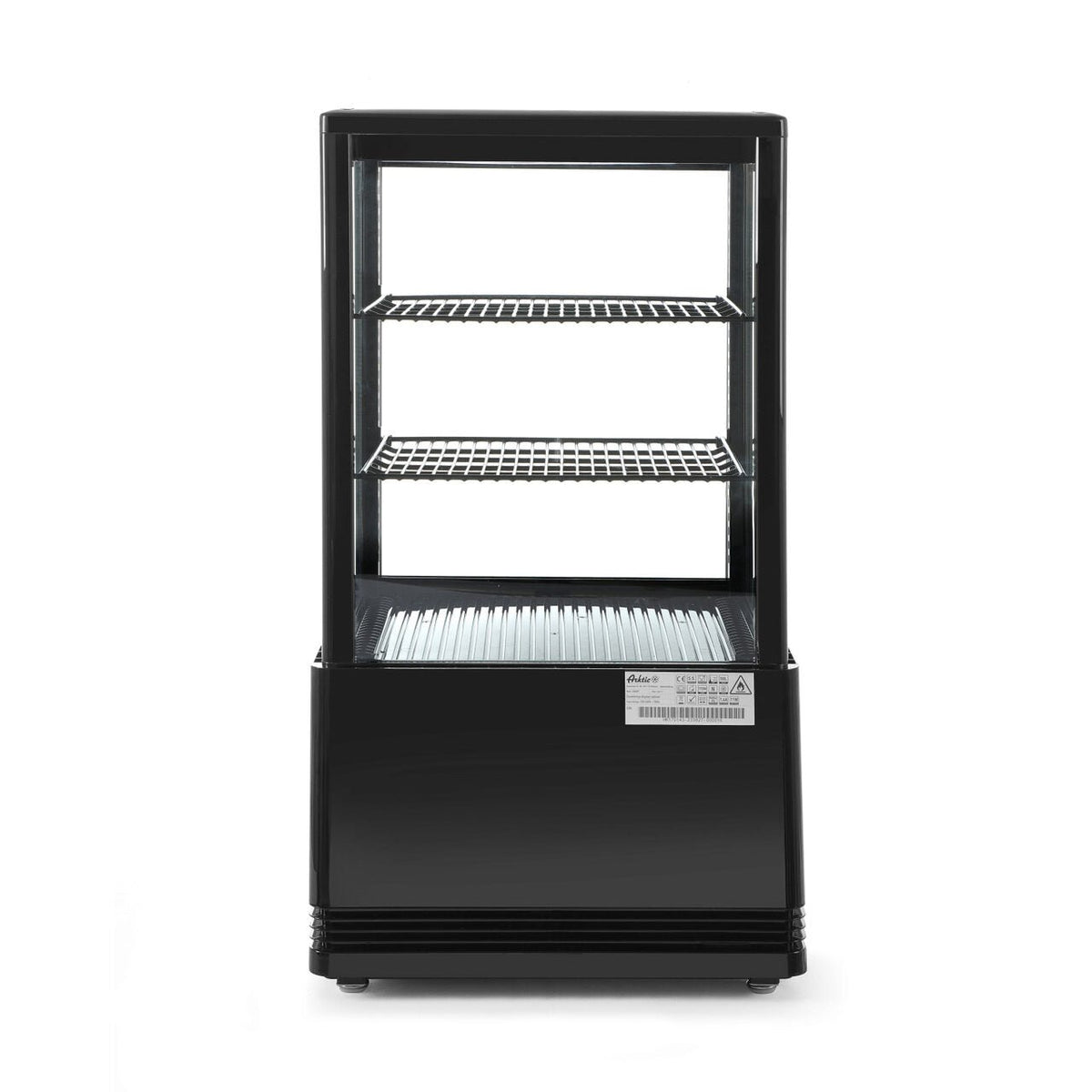 Vitrina rece pt prezentare, neagra, 58 lt, interval temp. 2-6 gr C, 170 W, 2 rafturi reglabile pe inaltime, ARKTIC by Hendi, 452x406x(H)816 mm, Clasa energetica C