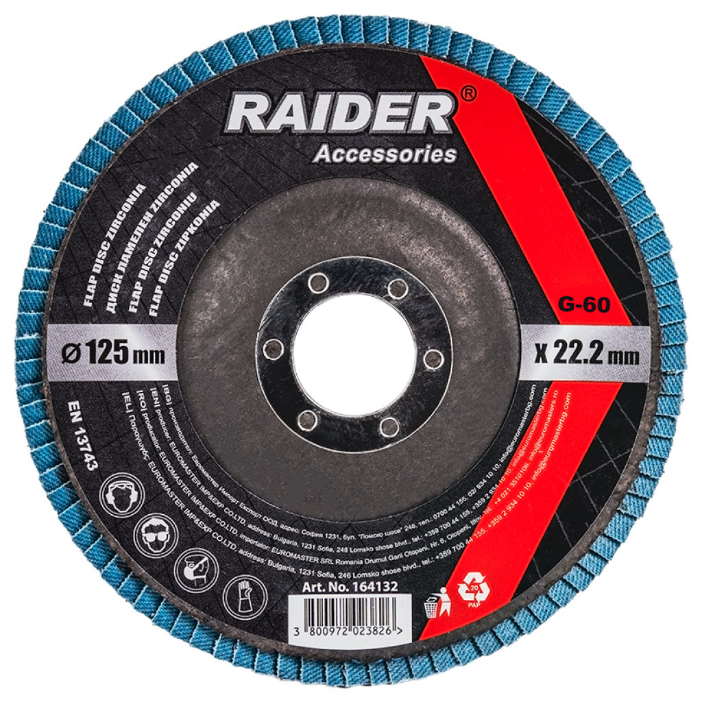 RAIDER Disc lamelar zirconiu 125mm G-60 Granule abrazive de zirconiu care oferă durabilitate Granulație G-60 Construcția lamelară permite o răcire mai bună în t